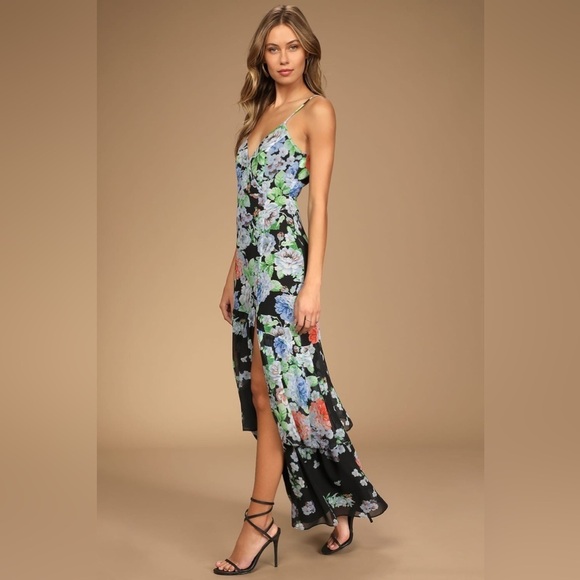 LULU’S Effortless Energy Black Floral Print Asymmetrical Maxi Dress - Picture 3 of 9
